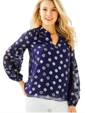 Lilly Pulitzer Giana Silk Blouse Navy and Seagrass Metallic Polka Dot Sheer XXS